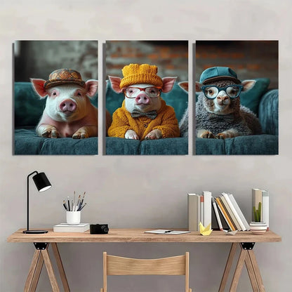 3pcs Farm Animal Funny Pig Glasses Bow Ties & Hats Metal Print Ready to Hang Art