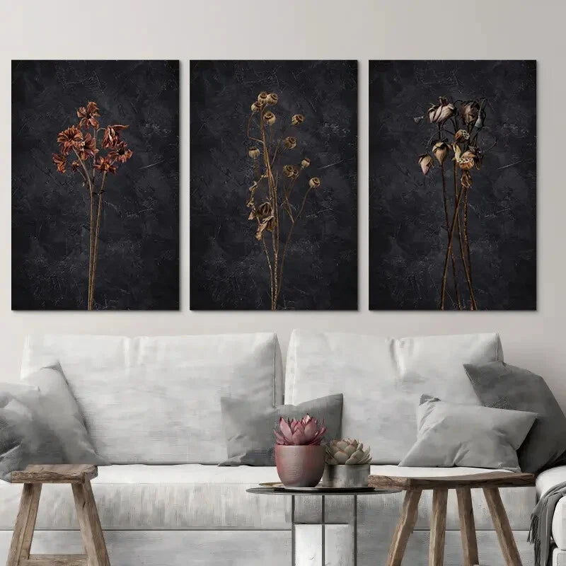 3pcs Dark Dried Wildflower Floral Botanical Wall Art Set Canvas Framed 50x70cm - High Quality Print 100% Australian Made Wall Canvas Ready to Hang