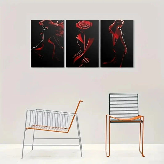 3pcs Red Rose Silhouette Elegant Painting Metal Print Ready to Hang Art