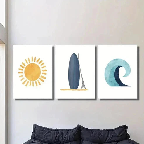3pcs Sunshine Doodle Blue Surfboard & Wave  Art Set Canvas Unframed - High Quality Print 100% Australian Made Wall Canvas