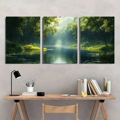 3pcs Riverside Scene with Lush Greenery Metal Print Ready to Hang Art