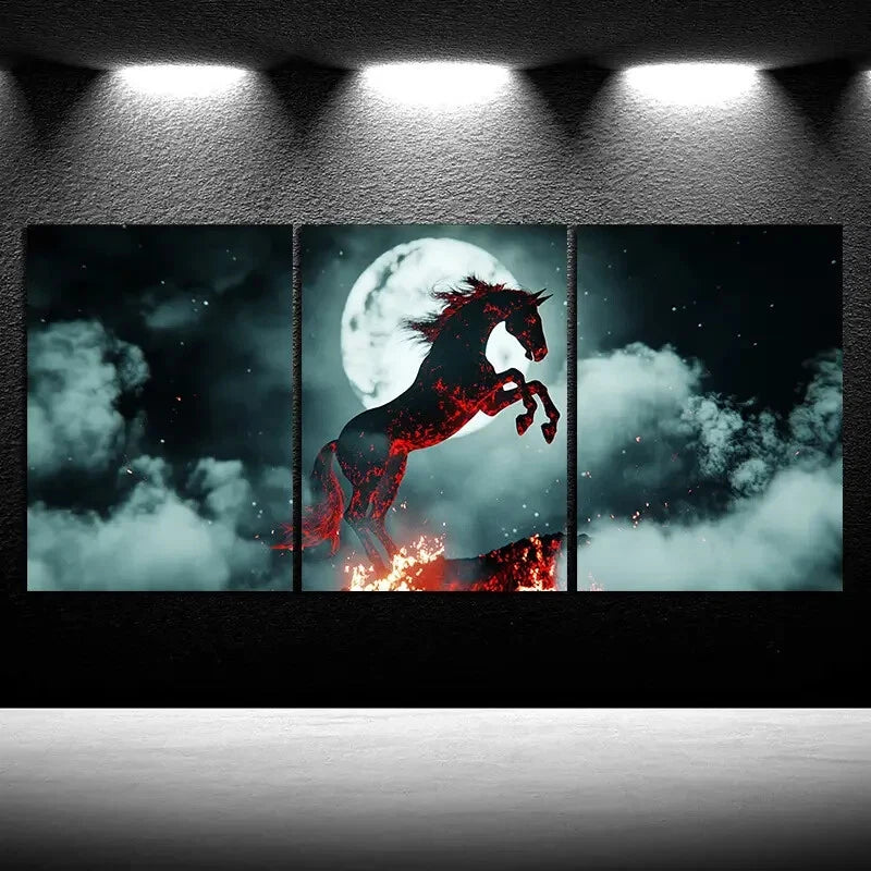 3pcs Abstract Horse and Moon Fire Metal Print Ready to Hang Art