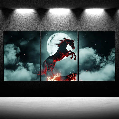 3pcs Abstract Horse and Moon Fire Metal Print Ready to Hang Art