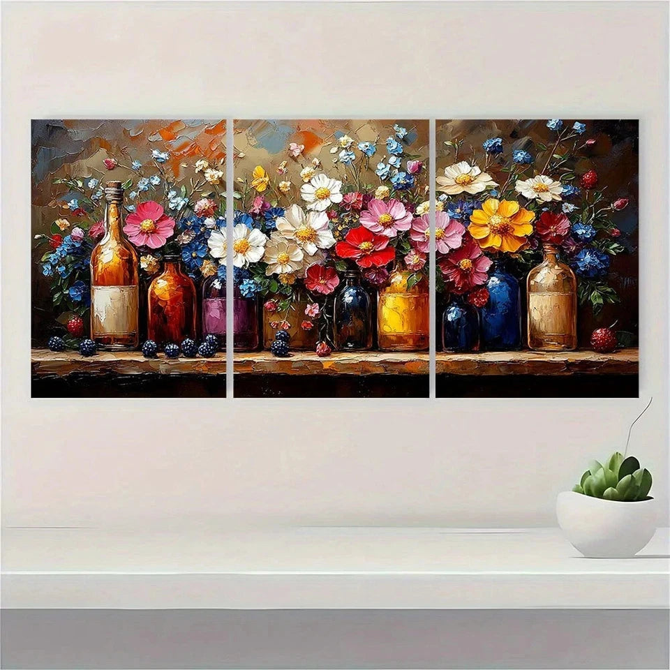 3pcs Bottles with Colorful Flowers Metal Print Ready to Hang Art
