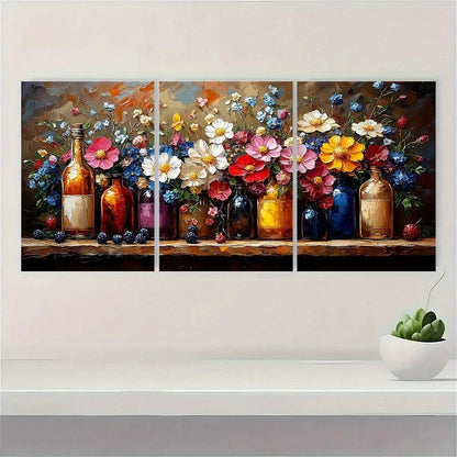 3pcs Bottles with Colorful Flowers Metal Print Ready to Hang Art