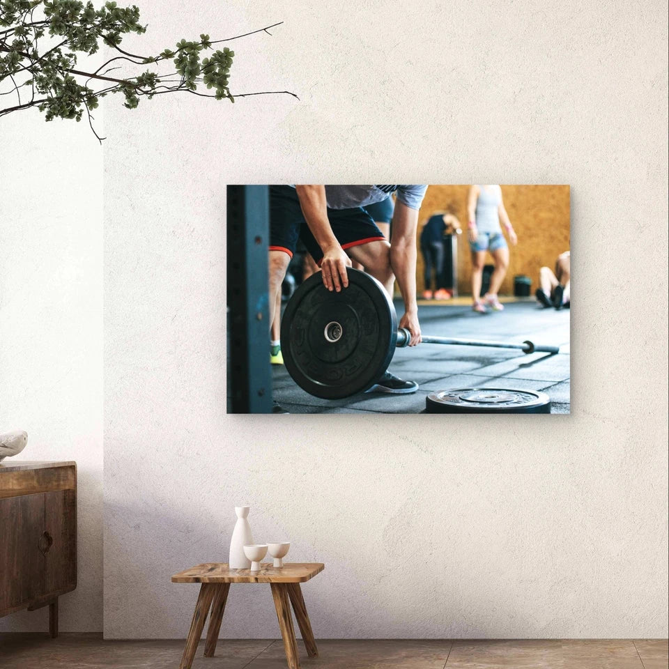 Weightlifter Loading Barbell Plates 5mm Plastic 5mm Plastic Poster Ready to Hang 90x60cm