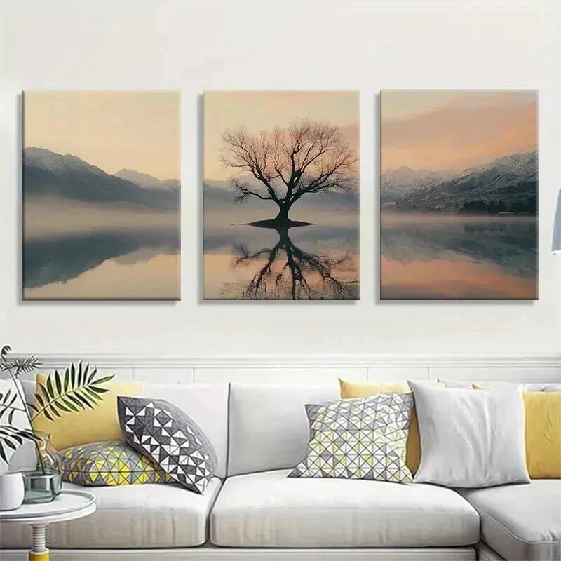 3pcs Reflection of Lone Tree in Misty Mountain Wall Art Set Canvas Framed 40x60cm - High Quality Print 100% Australian Made Wall Canvas Ready to Hang
