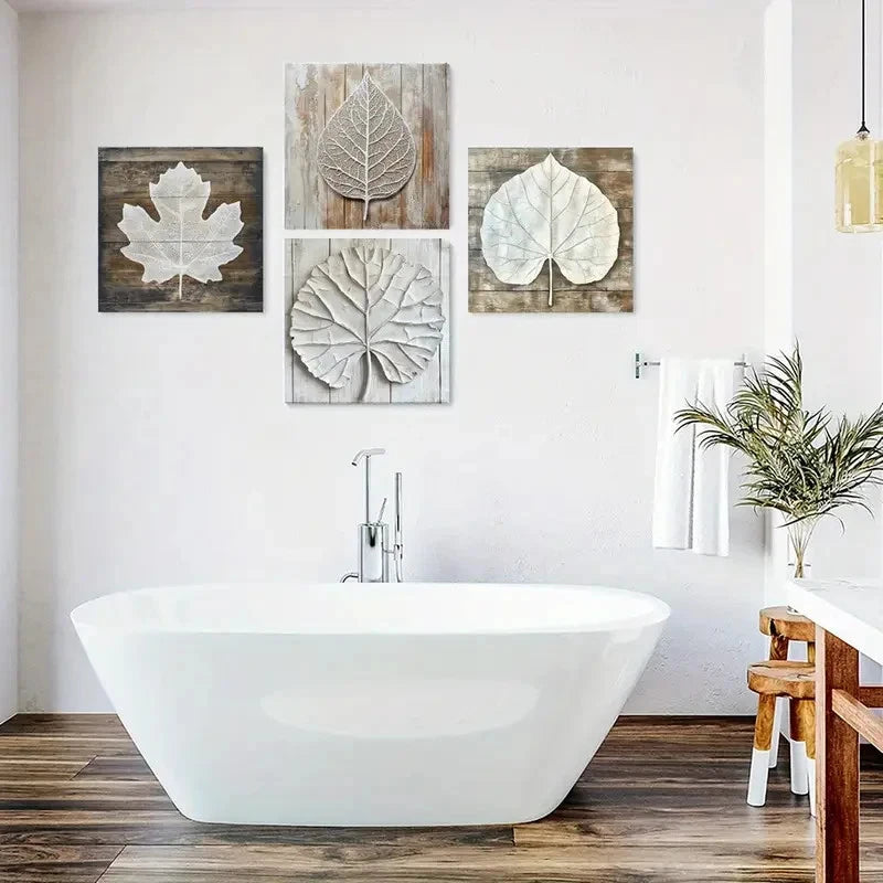 4pcs White Leaf Wall Art Canvas Framed