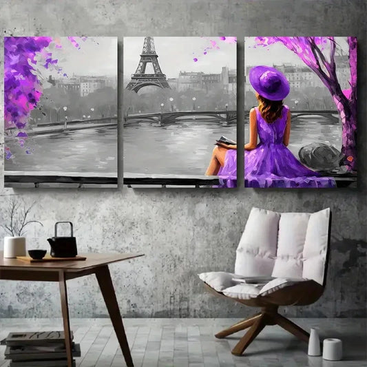 3pcs Eiffel Tower Scene Purple Dress Wall Art Set Canvas Framed 60x90cm - High Quality Print 100% Australian Made Wall Canvas Ready to Hang
