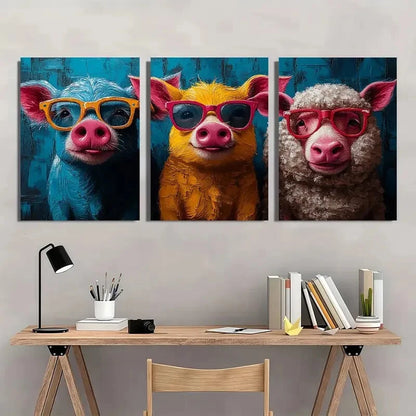3pcs Animal Vibrant Pig Cow Sheep with Glasses Metal Print Ready to Hang Art