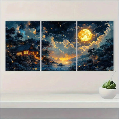 3pcs Whimsical Anime Night Scene Metal Print Ready to Hang Art