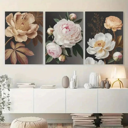 3pcs Peony Flowers Dark Leaves Floral Painting Metal Print Ready to Hang Art