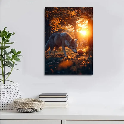 Wolf Playing with Ball Under Sunset Painting 40x60cm Metal Print Ready to Hang