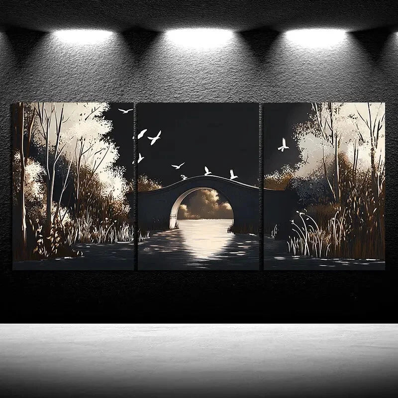 3pcs Beautiful Arch Bridge White Birds Metal Print Ready to Hang Art