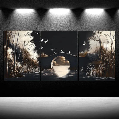 3pcs Beautiful Arch Bridge White Birds Metal Print Ready to Hang Art