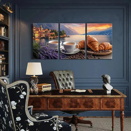 3pcs Morning Serenity Croissant Coffee Metal Print Ready to Hang Art