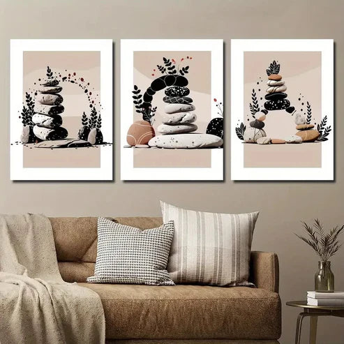 3pcs Abstract Stone Plant Art Zen Stone Stacked Wall Art Set Canvas Unframed - High Quality Print 100% Australian Made Wall Canvas