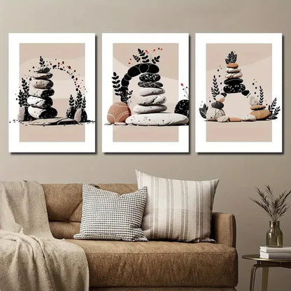 3pcs Abstract Stone Plant Art Zen Stone Stacked Wall Art Set Canvas Unframed - High Quality Print 100% Australian Made Wall Canvas
