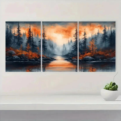 3pcs Foggy River Forest Scene Metal Print Ready to Hang Art