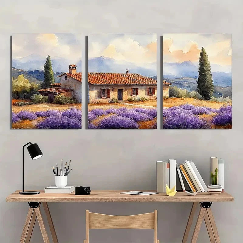 3pcs Italian Cottage Lavender Landscape Perfect Wall Art Set Canvas Framed 40x60cm - High Quality Print 100% Australian Made Wall Canvas Ready to Hang