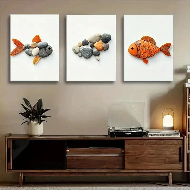 3pcs Pebble Art Fish Unique Stone Perfect Wall Art Set Canvas Framed 40x60cm - High Quality Print 100% Australian Made Wall Canvas Ready to Hang