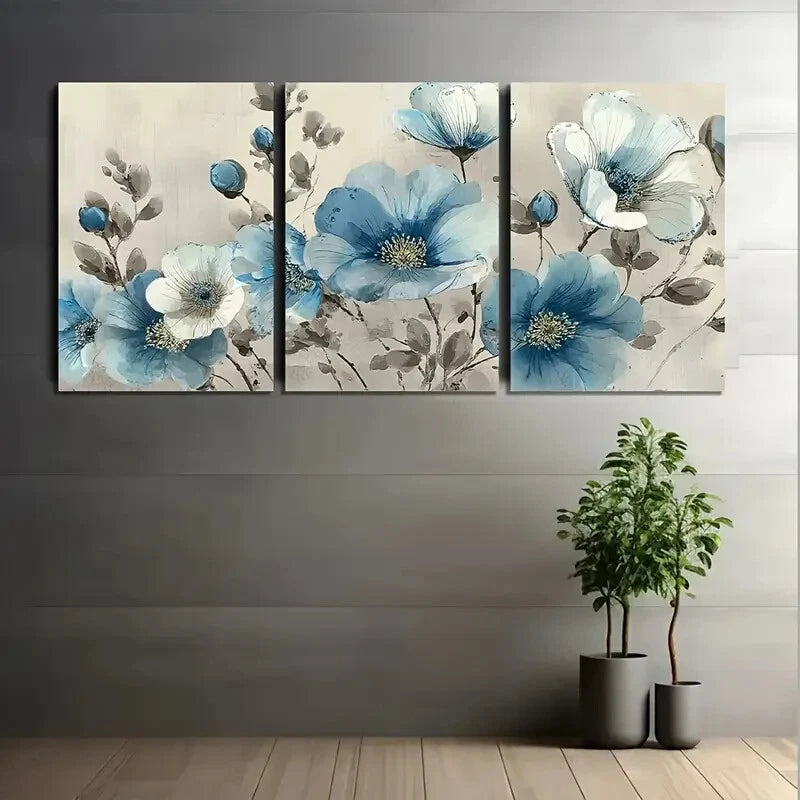 3pcs Light Blue & White Floral Painting Metal Print Ready to Hang Art
