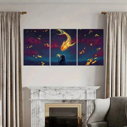 3pcs Fantasy Koi Fish And Black Cat Vintage Wall Art Set Canvas Framed 40x60cm - High Quality Print 100% Australian Made Wall Canvas Ready to Hang