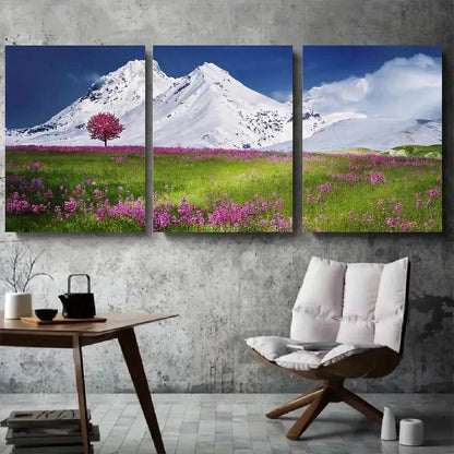 3pcs Snow Capped Peaks with Pink Blossoms Metal Print Ready to Hang Art