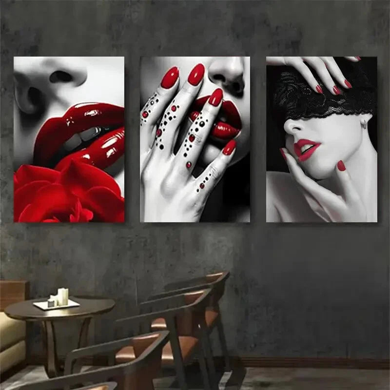 3pcs Red Lips And Nails Abstract Modern Perfect Wall Art Set Canvas Framed 40x60cm - High Quality Print 100% Australian Made Wall Canvas Ready to Hang