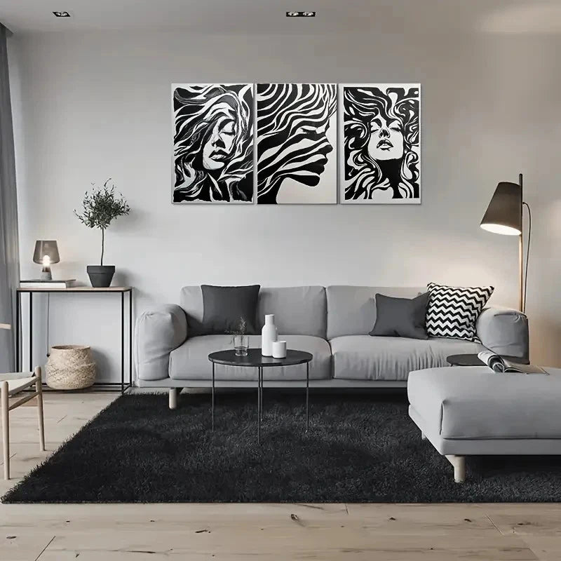 3pcs Modern Abstract Black and White Metal Print Ready to Hang Art
