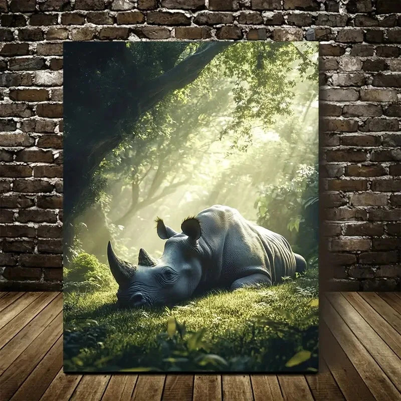 Surreal Rhino in Lush Green Meadow Scene 40x60cm Metal Print Ready to Hang