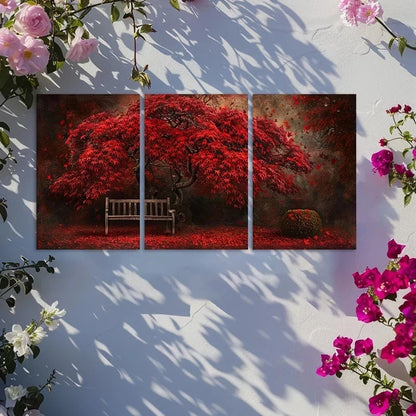 3pcs Red Maple Tree in Full Bloom Metal Print Ready to Hang Art
