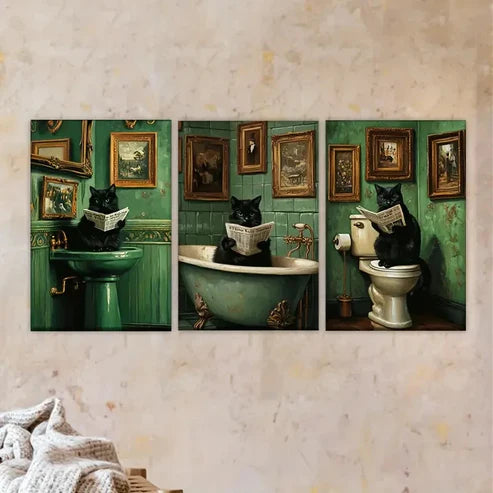 3pcs Whimsical Cat Bathroom Wall Art Set Canvas Unframed - High Quality Print 100% Australian Made Wall Canvas