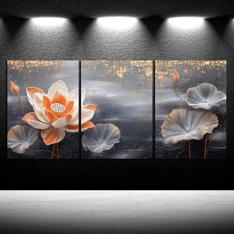 3pcs Water Lily Trio Orange and Gray Metal Print Ready to Hang Art