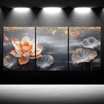 3pcs Water Lily Trio Orange and Gray Metal Print Ready to Hang Art