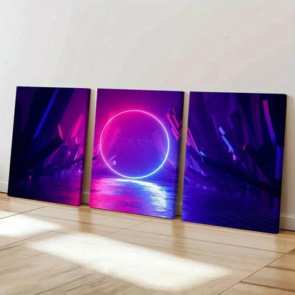 3pcs Neon Sci-fi Circle Fantasy Landscape Wall Art Set Canvas Framed 40x60cm - High Quality Print 100% Australian Made Wall Canvas Ready to Hang