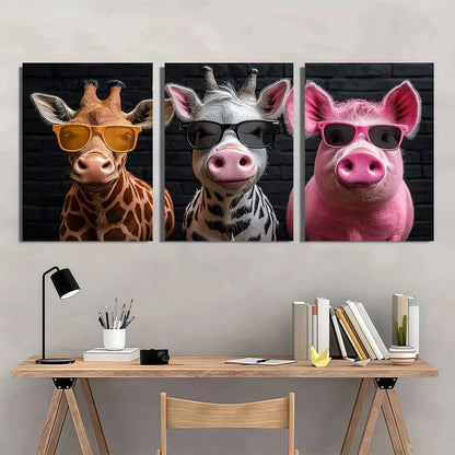 3pcs Animals with Glasses Funny Animal Metal Print Ready to Hang Art