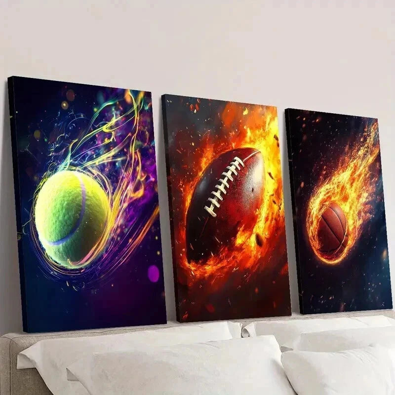 3pcs Fiery Tennis Rugby Basketball Decor Wall Art Set Canvas Framed 40x60cm - High Quality Print 100% Australian Made Wall Canvas Ready to Hang