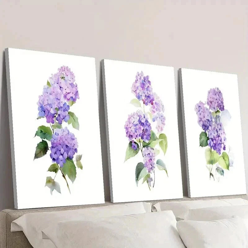 3pcs Purple Hydrangea Watercolor Floral Prints Wall Art Set Canvas Framed 40x60cm - High Quality Print 100% Australian Made Wall Canvas Ready to Hang