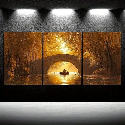 3pcs The Boatman Under The Stone Autumn Metal Print Ready to Hang Art