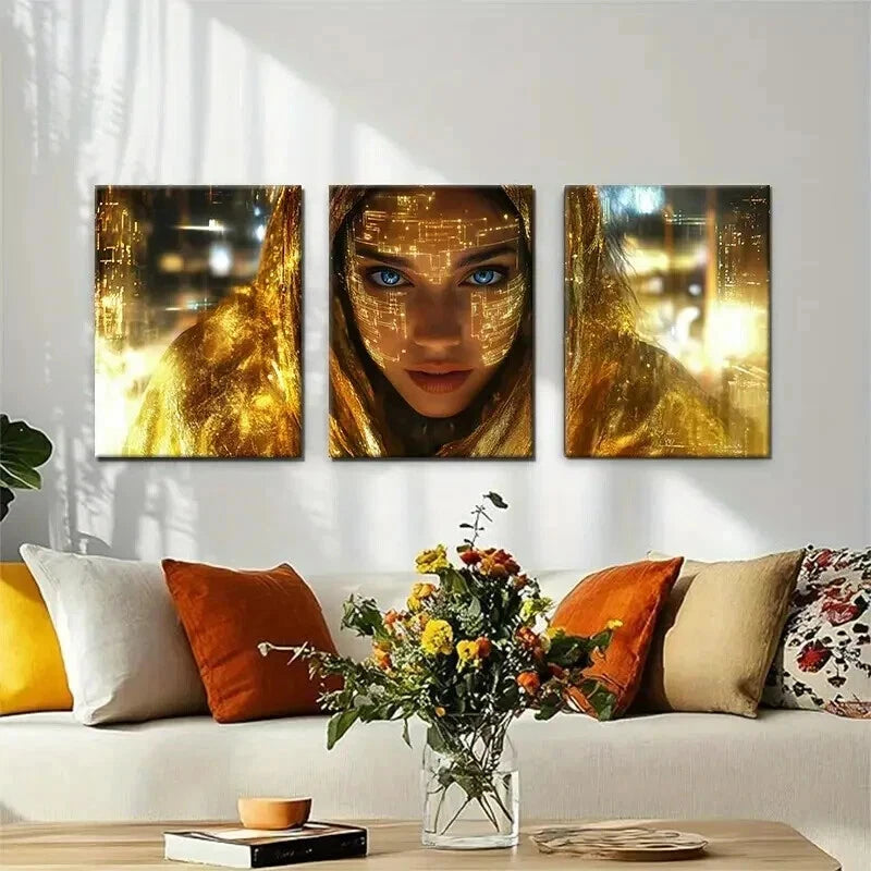 3pcs Futuristic Cyberpunk Golden Face Perfect Wall Art Set Canvas Framed 40x60cm - High Quality Print 100% Australian Made Wall Canvas Ready to Hang