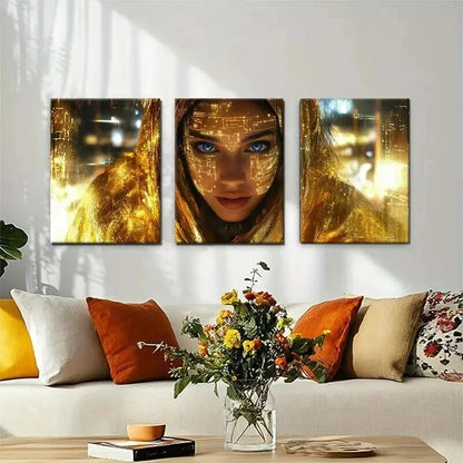 3pcs Futuristic Cyberpunk Golden Face Perfect Wall Art Set Canvas Framed 40x60cm - High Quality Print 100% Australian Made Wall Canvas Ready to Hang