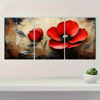 3pcs Red Flower Beige Vintage Perfect Wall Art Set Canvas Framed 40x60cm - High Quality Print 100% Australian Made Wall Canvas Ready to Hang