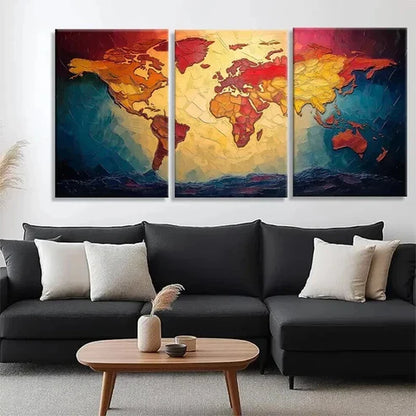 3pcs Colorful World Map for Office Perfect Wall Art Set Canvas Unframed - High Quality Print 100% Australian Made Wall Canvas