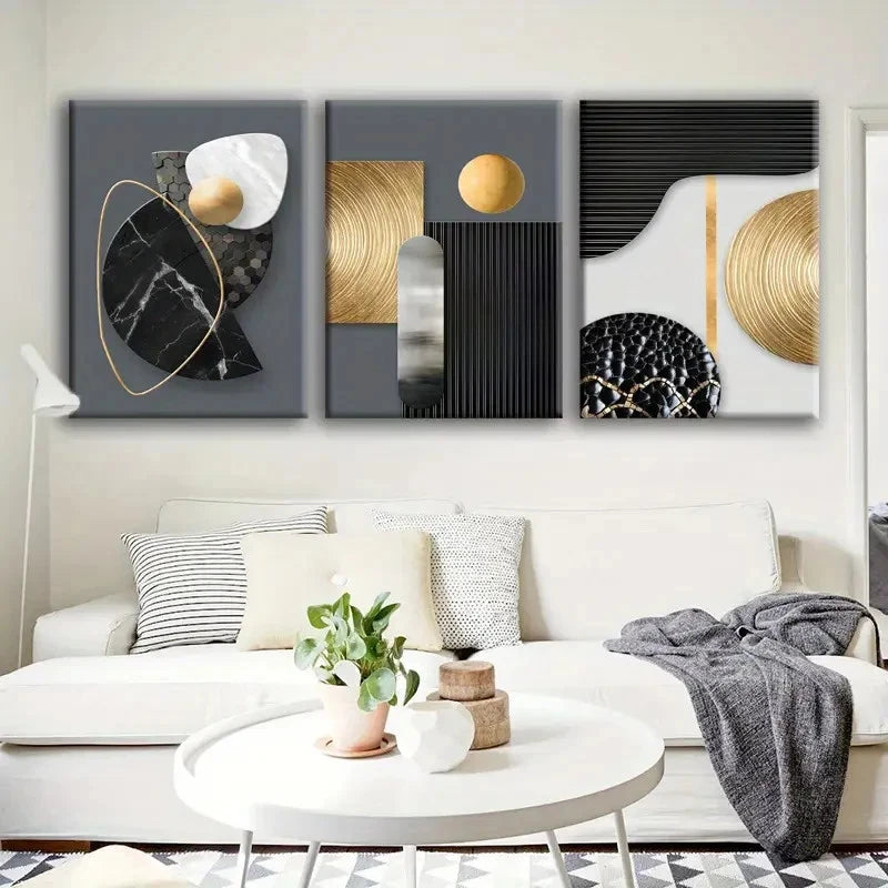 3pcs Black White & Golden Geometric Metal Print Ready to Hang Art
