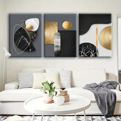 3pcs Black White & Golden Geometric Metal Print Ready to Hang Art