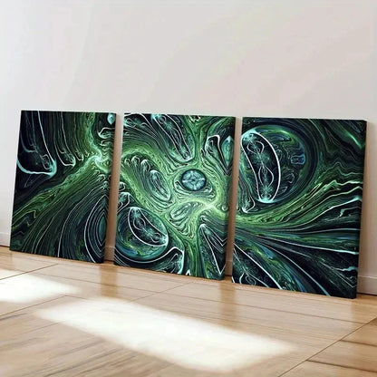 3pcs Green Swirl Modern Abstract Psychedelic Wall Art Set Canvas Framed 40x60cm - High Quality Print 100% Australian Made Wall Canvas Ready to Hang