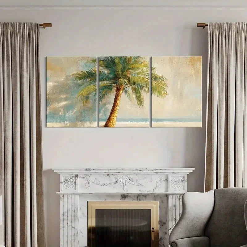 3pcs Tropical Palm Tree Vibrant Beach Scene Metal Print Ready to Hang Art