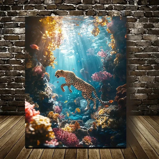 Dreamlike Scene of Cheetah Running Happily Underwater 40x60cm Metal Print Ready to Hang