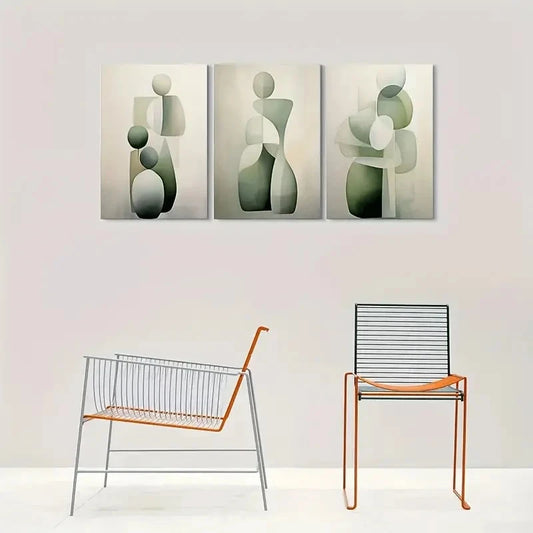 3pcs Modern Abstract Geometric Green & Gray Metal Print Ready to Hang Art